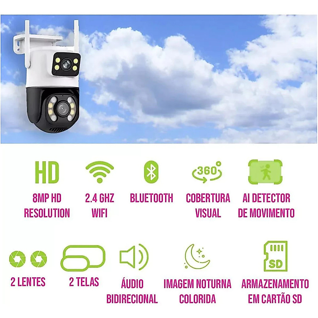 Câmera De Segurança Externa IP Wifi Lente Dupla App Yousee Ip66 360 Sensor Visão Noturna