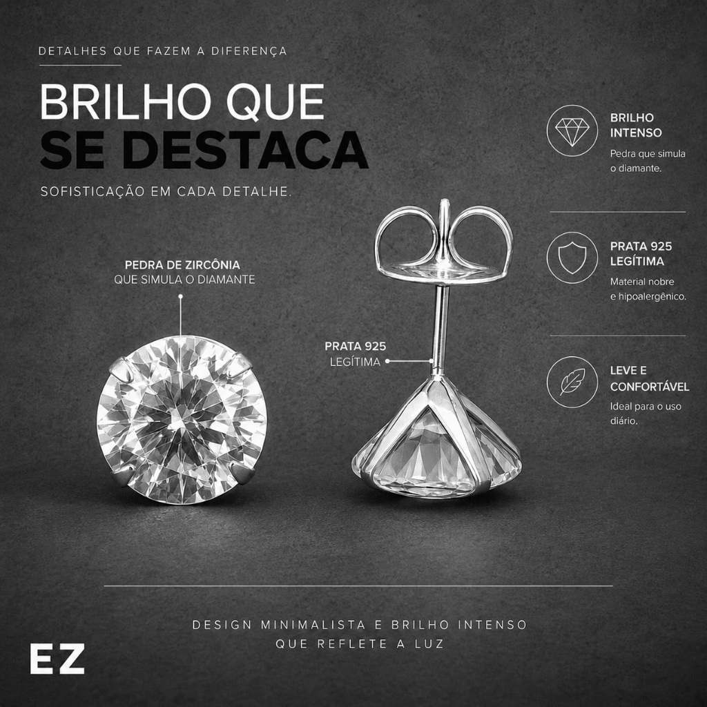 Brinco Masculino Prata 925 Legítima Ponto de Luz Diamante Sintético Zircônia